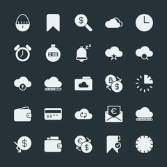 Modern Simple Set of money, cloud and networking, time, bookmarks Vector fill Icons. ..Contains such Icons as time,  dollar,  illustration and more on dark background. Fully Editable. Pixel Perfect.
