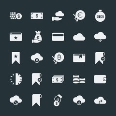 Modern Simple Set of money, cloud and networking, time, bookmarks Vector fill Icons. ..Contains such Icons as  design,  delete,  coin, euro and more on dark background. Fully Editable. Pixel Perfect.