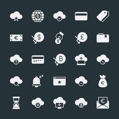 Modern Simple Set of money, cloud and networking, time, bookmarks Vector fill Icons. ..Contains such Icons as  label, favorite,  currency and more on dark background. Fully Editable. Pixel Perfect.