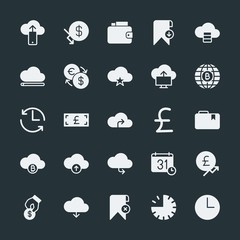 Modern Simple Set of money, cloud and networking, time, bookmarks Vector fill Icons. ..Contains such Icons as  money,  timer,  delete,  full and more on dark background. Fully Editable. Pixel Perfect.