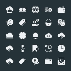 Modern Simple Set of money, cloud and networking, time, bookmarks Vector fill Icons. ..Contains such Icons as  finance, sky,  money,  world and more on dark background. Fully Editable. Pixel Perfect.