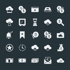 Modern Simple Set of money, cloud and networking, time, bookmarks Vector fill Icons. ..Contains such Icons as business, sky, money,  sign and more on dark background. Fully Editable. Pixel Perfect.