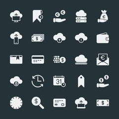 Modern Simple Set of money, cloud and networking, time, bookmarks Vector fill Icons. ..Contains such Icons as  technology,  money,  upload and more on dark background. Fully Editable. Pixel Perfect.