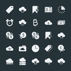 Modern Simple Set of money, cloud and networking, time, bookmarks Vector fill Icons. ..Contains such Icons as  market, network,  vector, sky and more on dark background. Fully Editable. Pixel Perfect.