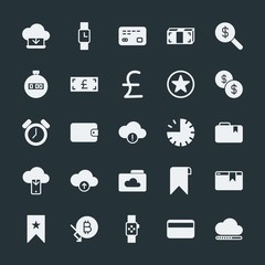 Modern Simple Set of money, cloud and networking, time, bookmarks Vector fill Icons. ..Contains such Icons as  bookmark,  credit, card, data and more on dark background. Fully Editable. Pixel Perfect.
