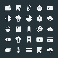 Modern Simple Set of money, cloud and networking, time, bookmarks Vector fill Icons. ..Contains such Icons as  favorite, watch,  bookmark and more on dark background. Fully Editable. Pixel Perfect.