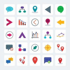 Modern Simple Set of location, arrows, charts, chat and messenger Vector flat Icons. .Contains such Icons as  message,  internet,  graphic and more on gray background. Fully Editable. Pixel Perfect