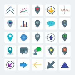 Modern Simple Set of location, arrows, charts, chat and messenger Vector flat Icons. .Contains such Icons as left,  diagram,  next,  location and more on gray background. Fully Editable. Pixel Perfect