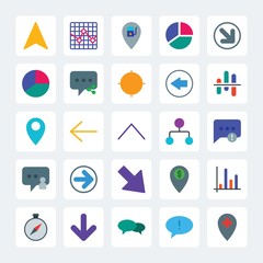 Modern Simple Set of location, arrows, charts, chat and messenger Vector flat Icons. .Contains such Icons as  bar, arrow,  message,  paper and more on gray background. Fully Editable. Pixel Perfect