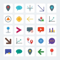 Modern Simple Set of location, arrows, charts, chat and messenger Vector flat Icons. .Contains such Icons as target, right,  left,  phone, up and more on gray background. Fully Editable. Pixel Perfect