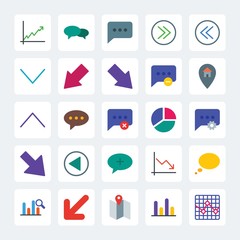 Modern Simple Set of location, arrows, charts, chat and messenger Vector flat Icons. .Contains such Icons as  diagram,  sms,  bar,  location and more on gray background. Fully Editable. Pixel Perfect
