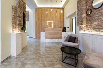 Reception desk, hotel reception interior