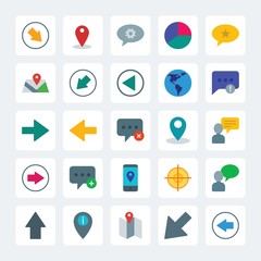 Modern Simple Set of location, arrows, charts, chat and messenger Vector flat Icons. .Contains such Icons as message, arrow,  world,  up, map and more on gray background. Fully Editable. Pixel Perfect