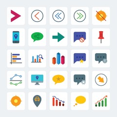 Modern Simple Set of location, arrows, charts, chat and messenger Vector flat Icons. .Contains such Icons as  talk,  bar, graph,  design, map and more on gray background. Fully Editable. Pixel Perfect