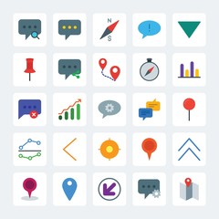 Modern Simple Set of location, arrows, charts, chat and messenger Vector flat Icons. .Contains such Icons as compass, chart,  graph,  speech and more on gray background. Fully Editable. Pixel Perfect