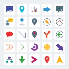 Modern Simple Set of location, arrows, charts, chat and messenger Vector flat Icons. .Contains such Icons as  diagram,  text,  right,  gps and more on gray background. Fully Editable. Pixel Perfect