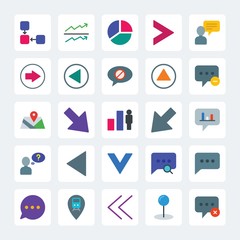 Modern Simple Set of location, arrows, charts, chat and messenger Vector flat Icons. .Contains such Icons as  previous,  presentation,  stock and more on gray background. Fully Editable. Pixel Perfect