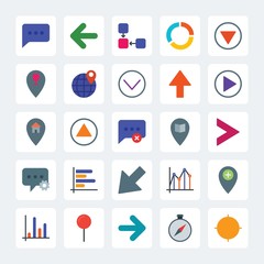 Modern Simple Set of location, arrows, charts, chat and messenger Vector flat Icons. .Contains such Icons as  left,  center,  business,  next and more on gray background. Fully Editable. Pixel Perfect