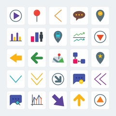 Modern Simple Set of location, arrows, charts, chat and messenger Vector flat Icons. .Contains such Icons as message,  chart,  direction,  up and more on gray background. Fully Editable. Pixel Perfect