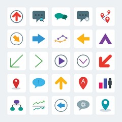 Modern Simple Set of location, arrows, charts, chat and messenger Vector flat Icons. .Contains such Icons as location,  abstract,  cellphone and more on gray background. Fully Editable. Pixel Perfect