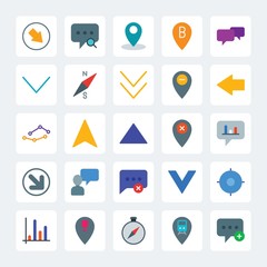 Modern Simple Set of location, arrows, charts, chat and messenger Vector flat Icons. .Contains such Icons as  travel,  pin, chat, restaurant and more on gray background. Fully Editable. Pixel Perfect