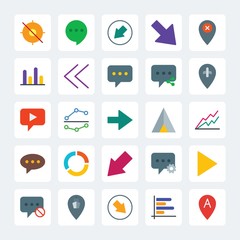 Modern Simple Set of location, arrows, charts, chat and messenger Vector flat Icons. .Contains such Icons as  pin,  vertical,  sms,  dots and more on gray background. Fully Editable. Pixel Perfect