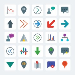 Modern Simple Set of location, arrows, charts, chat and messenger Vector flat Icons. .Contains such Icons as  arrow,  symbol,  graph,  tent and more on gray background. Fully Editable. Pixel Perfect