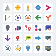 Modern Simple Set of location, arrows, charts, chat and messenger Vector flat Icons. .Contains such Icons as  note,  growth,  arrow, message and more on gray background. Fully Editable. Pixel Perfect