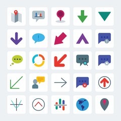 Modern Simple Set of location, arrows, charts, chat and messenger Vector flat Icons. .Contains such Icons as up,  vector,  alert,  globe, map and more on gray background. Fully Editable. Pixel Perfect