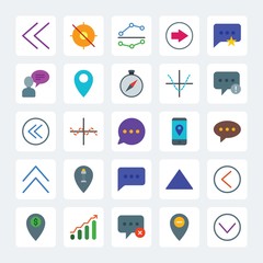 Modern Simple Set of location, arrows, charts, chat and messenger Vector flat Icons. .Contains such Icons as diagram, message,  messaging and more on gray background. Fully Editable. Pixel Perfect