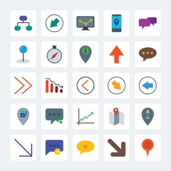 Modern Simple Set of location, arrows, charts, chat and messenger Vector flat Icons. .Contains such Icons as  speech,  phone,  right,  square and more on gray background. Fully Editable. Pixel Perfect