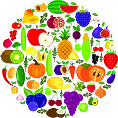 Set of fruits and vegetables.Organic food icons vector illustration