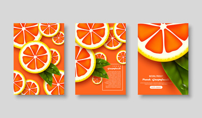 Grapefruit poster set. Sliced pieces with leaves and water drop. Fruit template for brochure, layout design, banner, cover, flyer. Vector illustration.