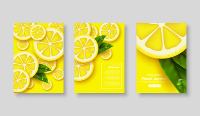 Lemon poster set. Sliced pieces with leaves and water drop. Fruit template for brochure, layout design, banner, cover, flyer. Vector illustration.