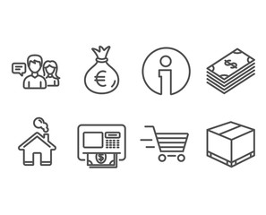 Set of Dollar, Money bag and Delivery shopping icons. People talking, Atm and Delivery box signs. Usd currency, Euro currency, Online buying. Contact service, Money withdraw, Cargo package. Vector