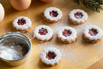 Traditional Linzer Christmas cookies dusted with sugar