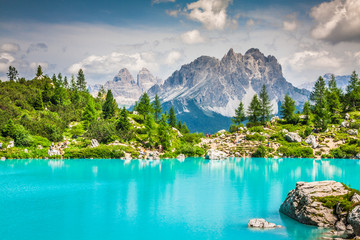 Turquoise Sorapis Lake  in Cortina d'Ampezzo, with Dolomite Mountains and Forest - Sorapis Circuit, Dolomites, Italy, Europe - 201411157