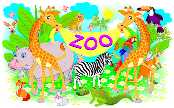Poster for zoo. Illustration of two giraffes and other cheerful animals. Vector cartoon image.