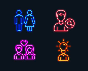Neon lights. Set of Restroom, Search people and Couple love icons. Education sign. Wc toilet, Find profile, People in love. Human idea.  Glowing graphic designs. Vector
