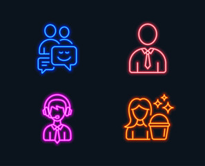 Neon lights. Set of Communication, Human and Shipping support icons. Cleaning sign. Business messages, Person profile, Delivery manager. Maid service.  Glowing graphic designs. Vector