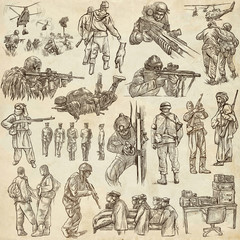 Soldiers, Army - An hand drawn collection. Warriors on old paper. Freehand sketching.
