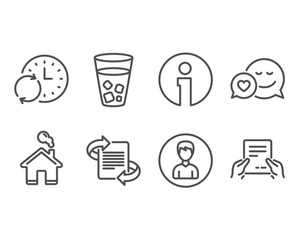 Set of Marketing, Person and Ice tea icons. Dating, Update time and Receive file signs. Article, Edit profile, Soda beverage. Love messenger, Refresh clock, Hold document. Vector