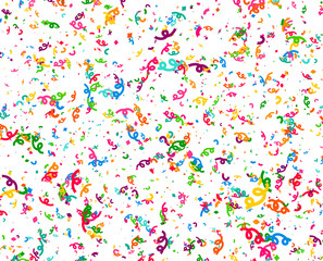 Carnaval or Festival Confetti. Colorful confetti pieces. Celebration party or Holiday background. Flying colorful glitter particles. Decoration pattern. Vector