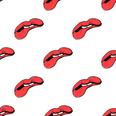 Seamless pattern of sexy red lips. Modern design. Bite lip vector illustration of pop art style. Vector illustration. EPS10.