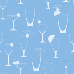 Summer seamless pattern with glasses with juice and cocktail. Vector.