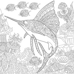 Obraz premium Zentangle underwater background with sailfish