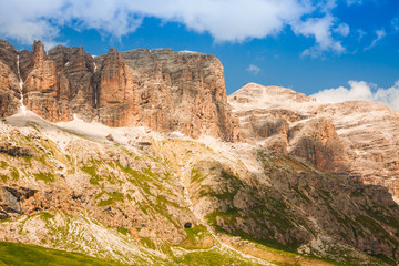 Fototapeta na wymiar Panorama of Sella mountain range from Sella pass, Dolomites, Italy