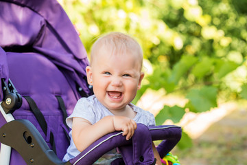 A small child is sitting in a stroller. walk with the child in the open air