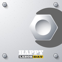 Happy Labor Day vector paper craft with wrench silhouette, nut, hexagon screw with long shadow on the metal background.