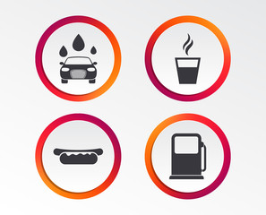 Petrol or Gas station services icons. Automated car wash signs. Hotdog sandwich and hot coffee cup symbols. Infographic design buttons. Circle templates. Vector